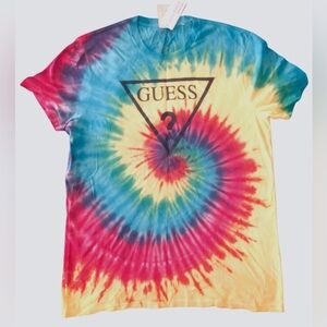 GUESS Men's GUESS Tie-Dye Rainbow Graphic Logo Short T-Shirt Tie-Dye Large